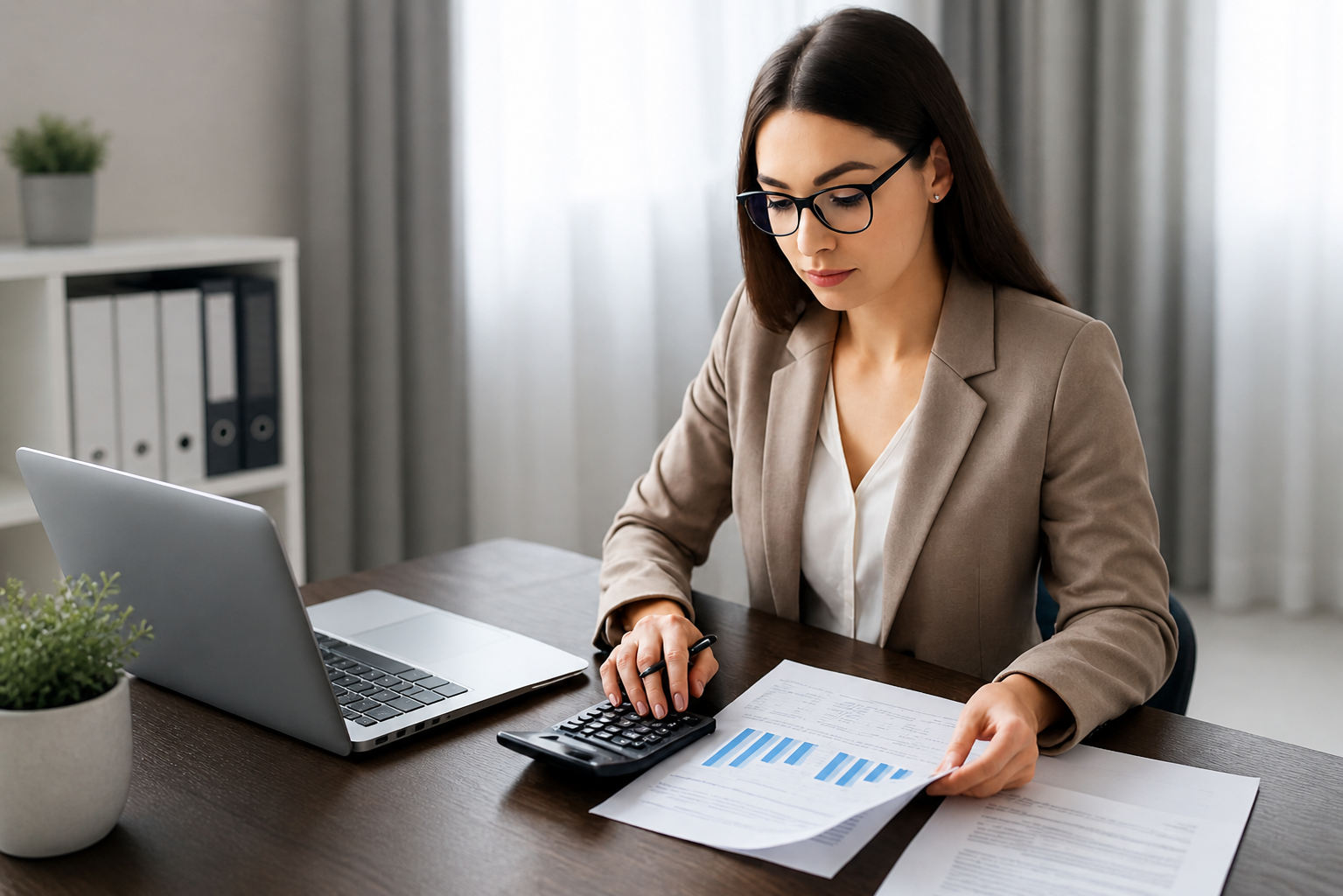 Self-employed woman reviewing income documents